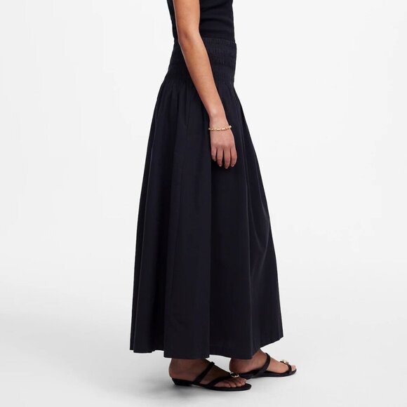 Madewell Smocked Waist Cotton Poplin Relaxed Midi Skirt Black Size L NWT - Picture 4 of 11